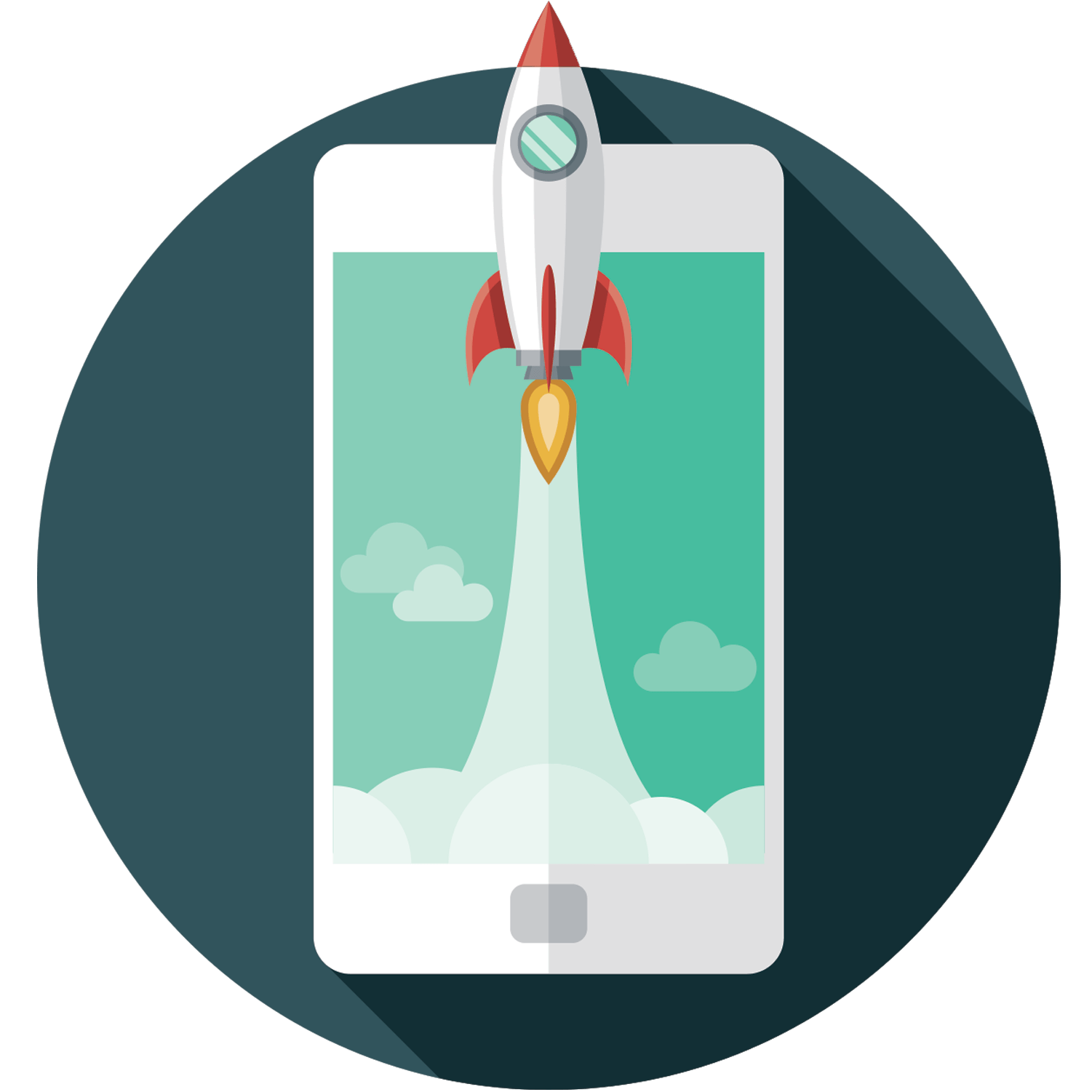 Icon of a rocket ship blasting off of a cell phone
